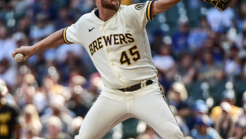 Aug 31, 2022; Milwaukee, Wisconsin, USA; Milwaukee Brewers pitcher Brad Boxberger (45) throws a pitch in the seventh inning against the Pittsburgh Pirates at American Family Field. Mandatory Credit: Benny Sieu-USA TODAY Sports