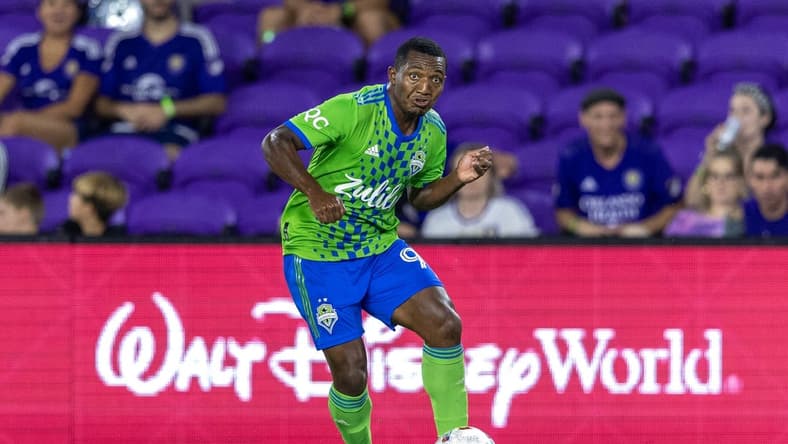 Aug 31, 2022; Orlando, Florida, USA; Seattle Sounders defender Jimmy Medranda (94) controls the ball against Orlando City in the first half at Exploria Stadium. Mandatory Credit: Nathan Ray Seebeck-USA TODAY Sports