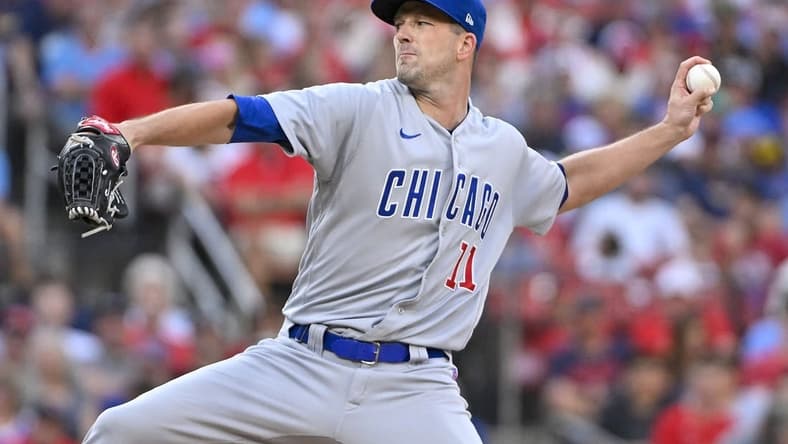 Sep 3, 2022; St. Louis, Missouri, USA; Chicago Cubs starting pitcher Drew Smyly (11) pitches against the St. Louis Cardinals during the first inning at Busch Stadium. Mandatory Credit: Jeff Curry-USA TODAY Sports