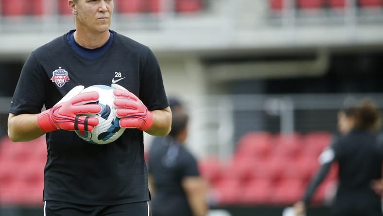 Sep 10, 2022; Washington, District of Columbia, USA; Washington Spirit goalkeeper Nicole Barnhart (28) participates in warmups prior to the Spirit game against San Diego Wave FC at Audi Field. Mandatory Credit: Amber Searls-USA TODAY Sports