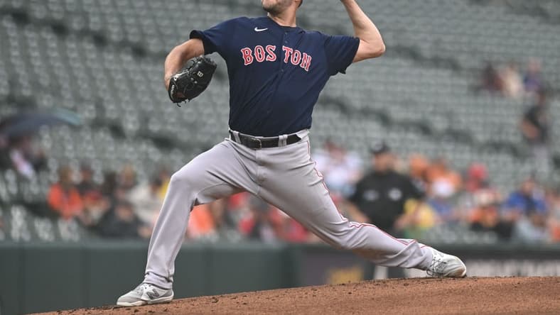 Sep 11, 2022; Baltimore, Maryland, USA; Boston Red Sox starting pitcher Rich Hill (44) throws a first inning pitch against the Baltimore Orioles at Oriole Park at Camden Yards. Mandatory Credit: Tommy Gilligan-USA TODAY Sports