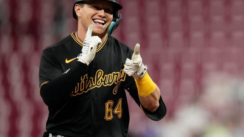 Pittsburgh Pirates designated hitter Diego Castillo (64) celebrates a two-run home run in the fifth inning of the MLB National League game between the Cincinnati Reds and the Pittsburgh Pirates at Great American Ball Park in downtown Cincinnati on Monday, Sept. 12, 2022. The Pirates led 6-2 in the top of the sixth inning.
Pittsburgh Pirates At Cincinnati Reds