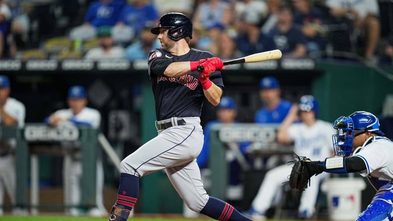 Sep 6, 2022; Kansas City, Missouri, USA; Cleveland Guardians first baseman Owen Miller (6) hits a single against the Kansas City Royals during the eighth inning at Kauffman Stadium. Mandatory Credit: Jay Biggerstaff-USA TODAY Sports