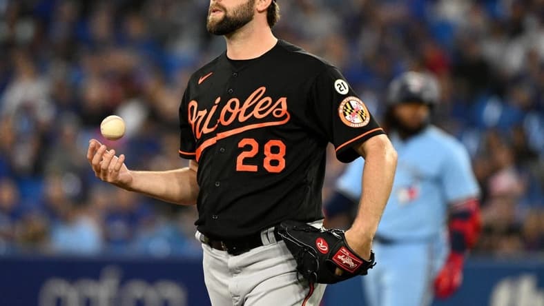 Sep 16, 2022; Toronto, Ontario, CAN; Baltimore Orioles starting pitcher Jordan Lyles (28) in the first inning at Rogers Centre. Mandatory Credit: Dan Hamilton-USA TODAY Sports