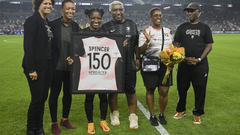 Sep 21, 2022; Los Angeles, California, USA; Angel City FC forward Jasmyne Spencer, third from left, is recognized for her 150th game before the start of a NWSL match against the Washington Spirit at Banc of California Stadium. Mandatory Credit: Jayne Kamin-Oncea-USA TODAY Sports