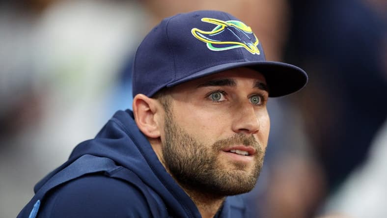 Sep 24, 2022; St. Petersburg, Florida, USA; Tampa Bay Rays center fielder Kevin Kiermaier (39) looks on from the dugout in the second inning against the Toronto Blue Jays at Tropicana Field. Mandatory Credit: Nathan Ray Seebeck-USA TODAY Sports