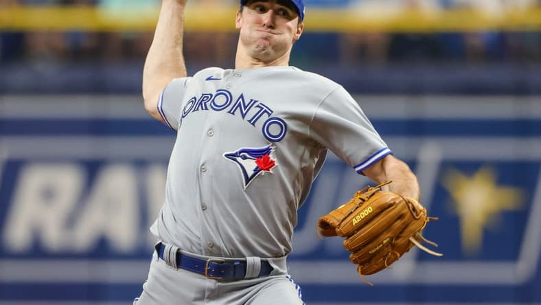 Sep 25, 2022; St. Petersburg, Florida, USA; Toronto Blue Jays starting pitcher Ross Stripling (48) Trows a pitch during the second inning against the Tampa Bay Rays at Tropicana Field. Mandatory Credit: Mike Watters-USA TODAY Sports