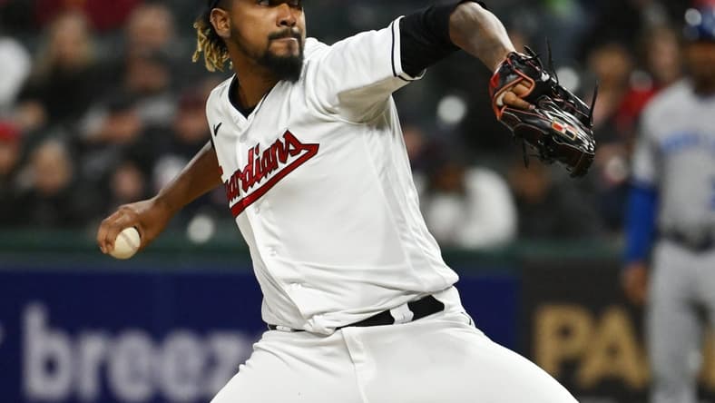 Sep 30, 2022; Cleveland, Ohio, USA; Cleveland Guardians relief pitcher Emmanuel Clase (48) throws a pitch during the ninth inning against the Kansas City Royals at Progressive Field. Mandatory Credit: Ken Blaze-USA TODAY Sports
