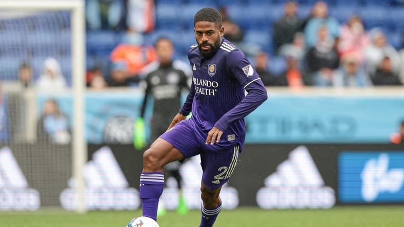 Oct 2, 2022; Harrison, New Jersey, USA; Orlando City SC defender Ruan (2) controls the ball against New York City FC during the first half at Red Bull Arena. Mandatory Credit: Vincent Carchietta-USA TODAY Sports