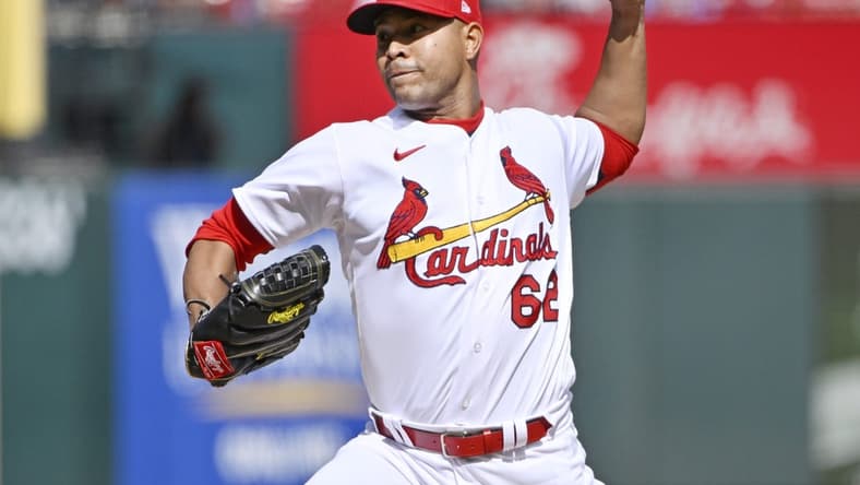 Oct 7, 2022; St. Louis, Missouri, USA; St. Louis Cardinals starting pitcher Jose Quintana (62) pitches during the first inning against the Philadelphia Phillies during game one of the Wild Card series for the 2022 MLB Playoffs at Busch Stadium. Mandatory Credit: Jeff Curry-USA TODAY Sports