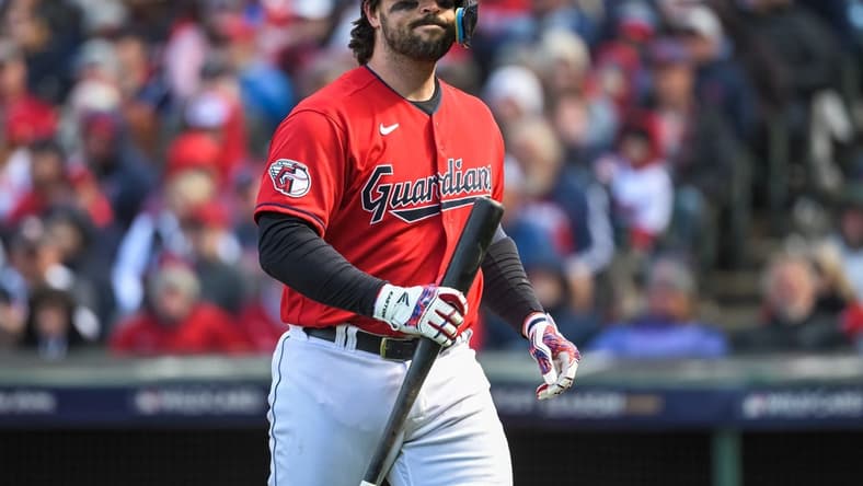 Oct 8, 2022; Cleveland, Ohio, USA; Cleveland Guardians catcher Austin Hedges (17) reacts after striking out against the Tampa Bay Rays in the eighth inning during game two of the Wild Card series for the 2022 MLB Playoffs at Progressive Field. Mandatory Credit: Ken Blaze-USA TODAY Sports