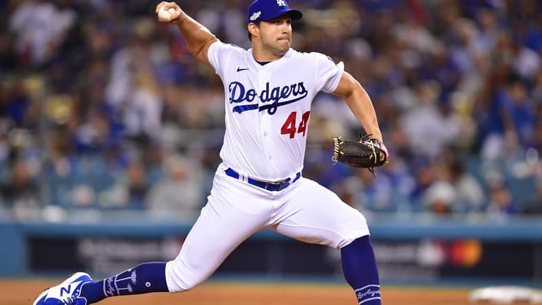 Oct 12, 2022; Los Angeles, California, USA; Los Angeles Dodgers relief pitcher Tommy Kahnle (44) throws during the ninth inning of game two of the NLDS for the 2022 MLB Playoffs against the San Diego Padres at Dodger Stadium. Mandatory Credit: Gary A. Vasquez-USA TODAY Sports
