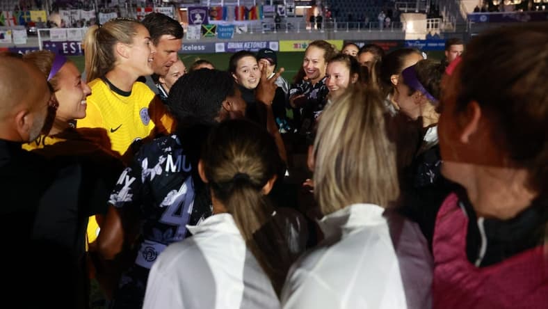 Oct 1, 2022; Louisville, Kentucky, USA;  Racing Louisville FC players huddle after the game against Kansas City Current at Lynn Family Stadium. Mandatory Credit: EM Dash-USA TODAY Sports