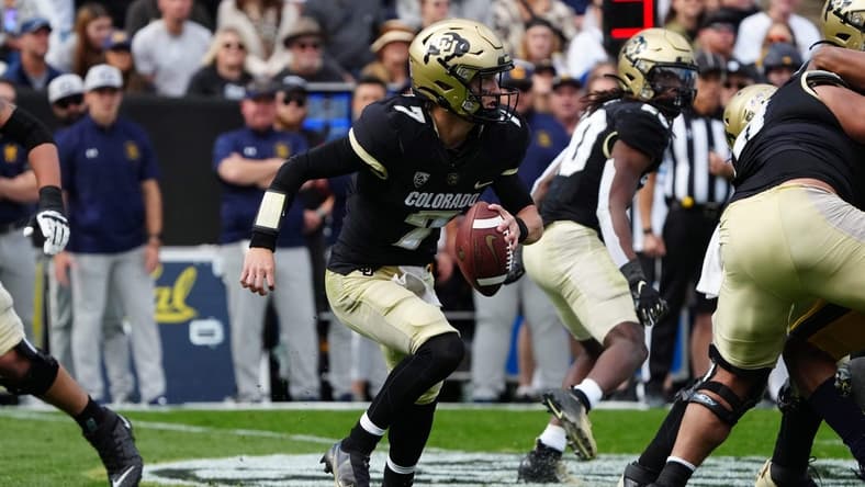 Oct 15, 2022; Boulder, Colorado, USA; Colorado Buffaloes quarterback Owen McCown (7) scrambles in the second quarter against the California Golden Bears at Folsom Field. Mandatory Credit: Ron Chenoy-USA TODAY Sports