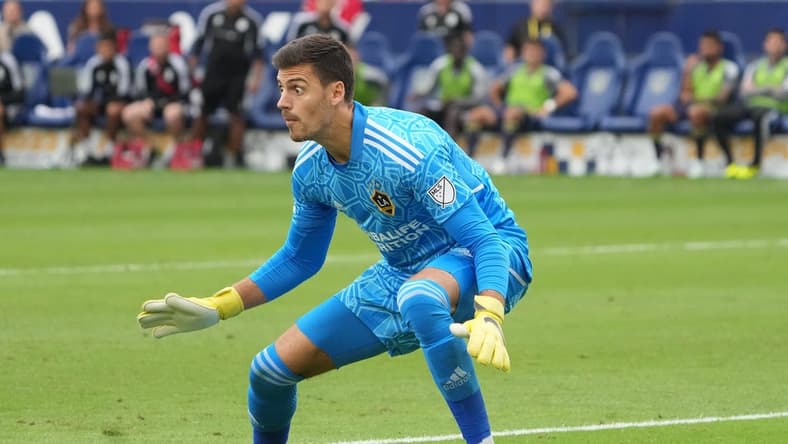 Oct 15, 2022; Carson, California, US; Los Angeles Galaxy goalkeeper Jonathan Bond (1) looks on during the second half against the Nashville SC at Dignity Health Sports Park. Mandatory Credit: Kirby Lee-USA TODAY Sports