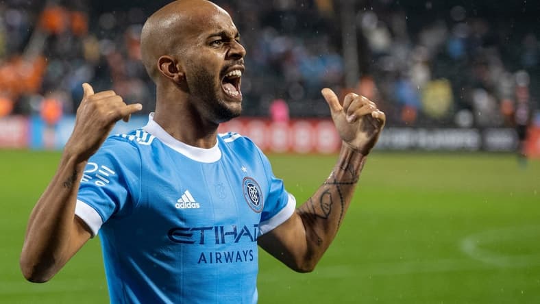 Oct 17, 2022; Queens, New York, USA;  New York City FC forward Heber (9) celebrates his goal in the 92nd minute during the second half of a MLS Eastern Conference quarterfinal match against Inter Miami CF at Citi Field. Mandatory Credit: Mark Smith-USA TODAY Sports