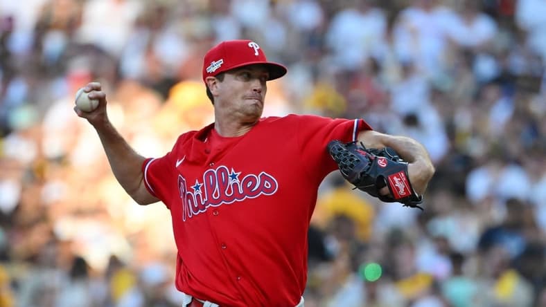 Oct 19, 2022; San Diego, California, USA; Philadelphia Phillies starting pitcher Kyle Gibson (44) pitches in the eighth inning against the San Diego Padres during game two of the NLCS for the 2022 MLB Playoffs at Petco Park. Mandatory Credit: Jayne Kamin-Oncea-USA TODAY Sports