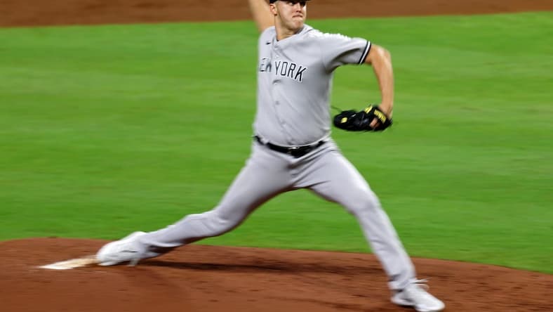 Oct 19, 2022; Houston, Texas, USA; New York Yankees starting pitcher Jameson Taillon (50) pitches against Houston Astros designated hitter Aledmys Diaz (not pictured) during the second inning in game one of the ALCS for the 2022 MLB Playoffs at Minute Maid Park. Mandatory Credit: Thomas Shea-USA TODAY Sports