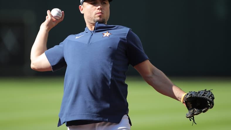 Oct 20, 2022; Houston, Texas, USA; Houston Astros left fielder Aledmys Diaz (16) throws before game two of the ALCS against the New York Yankees for the 2022 MLB Playoffs at Minute Maid Park. Mandatory Credit: Erik Williams-USA TODAY Sports