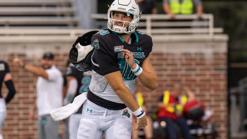 Oct 1, 2022; Conway, South Carolina, USA; Coastal Carolina Chanticleers quarterback Grayson McCall (10) throws the ball prior to a game against the Georgia Southern Eagles at Brooks Stadium. Mandatory Credit: David Yeazell-USA TODAY Sports