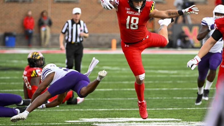 Oct 22, 2022; College Park, Maryland, USA; Maryland Terrapins tight end CJ Dippre runs after a catch against the Northwestern Wildcats during the second half at SECU Stadium. Mandatory Credit: Brad Mills-USA TODAY Sports