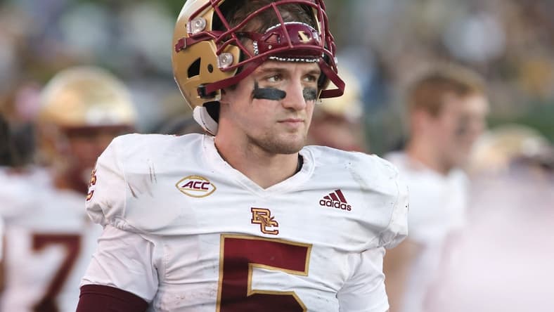 Oct 22, 2022; Winston-Salem, North Carolina, USA;  Boston College Eagles quarterback Phil Jurkovec (5) walks on the bench during the second half against the Wake Forest Demon Deacons at Truist Field. Mandatory Credit: Reinhold Matay-USA TODAY Sports