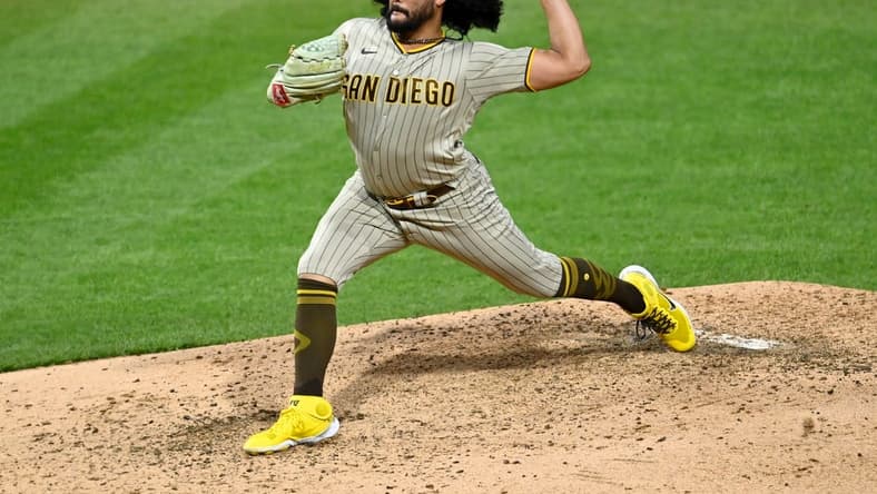 Oct 22, 2022; Philadelphia, Pennsylvania, USA; San Diego Padres starting pitcher Sean Manaea (55) pitches in the fourth inning during game four of the NLCS against the Philadelphia Phillies for the 2022 MLB Playoffs at Citizens Bank Park. Mandatory Credit: Kyle Ross-USA TODAY Sports