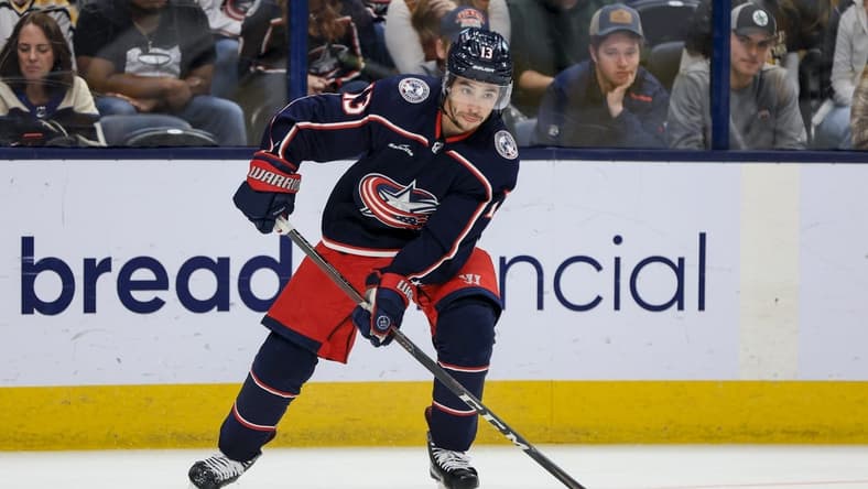 Oct 22, 2022; Columbus, Ohio, USA; Columbus Blue Jackets left wing Johnny Gaudreau (13) skates with the puck against the Pittsburgh Penguins in the third period at Nationwide Arena. Mandatory Credit: Aaron Doster-USA TODAY Sports
