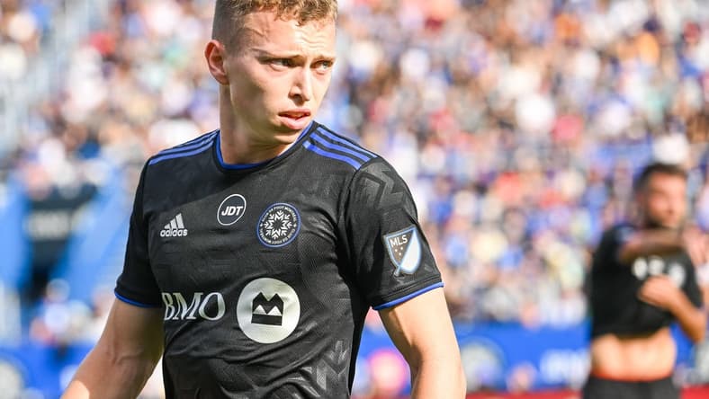 Oct 23, 2022; Montreal, Quebec, Canada; Look on CF Montreal defender Alistair Johnston (22) against New York City FC during the first half of the conference semifinals for the Audi 2022 MLS Cup Playoffs at Stade Saputo. Mandatory Credit: David Kirouac-USA TODAY Sports