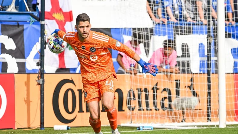 Oct 23, 2022; Montreal, Quebec, Canada; CF Montreal goalkeeper James Pantemis (41) throws the ball back into play against New York City FC during the first half of the conference semifinals for the Audi 2022 MLS Cup Playoffs at Stade Saputo. Mandatory Credit: David Kirouac-USA TODAY Sports