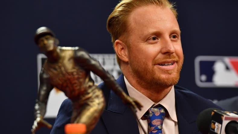Oct 31, 2022; Philadelphia, Pennsylvania, USA; Los Angeles Dodgers player Justin Turner at the Roberto Clemente Award press conference before game three of the 2022 World Series between the Philadelphia Phillies and the Houston Astros at Citizens Bank Park. Mandatory Credit: Eric Hartline-USA TODAY Sports