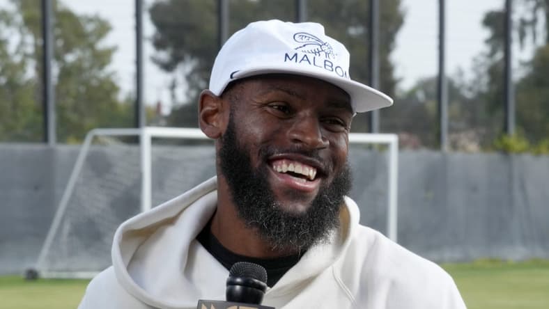 Nov 1, 2022; Los Angeles, California, USA; LAFC defender defender Sebastien Ibeagha during press conference at the Nectar Performance Center. Mandatory Credit: Kirby Lee-USA TODAY Sports
