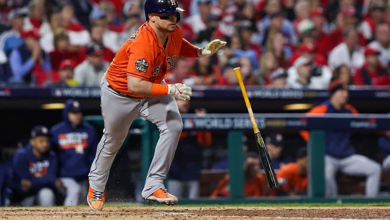 Nov 2, 2022; Philadelphia, Pennsylvania, USA; Houston Astros catcher Christian Vazquez (9) hits a single against the Philadelphia Phillies during the fourth inning in game four of the 2022 World Series at Citizens Bank Park. Mandatory Credit: Bill Streicher-USA TODAY Sports