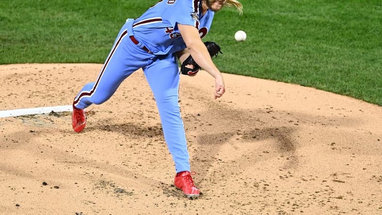 Nov 3, 2022; Philadelphia, Pennsylvania, USA; Philadelphia Phillies starting pitcher Noah Syndergaard (43) pitches against the Houston Astros during the second inning in game five of the 2022 World Series at Citizens Bank Park. Mandatory Credit: Kyle Ross-USA TODAY Sports