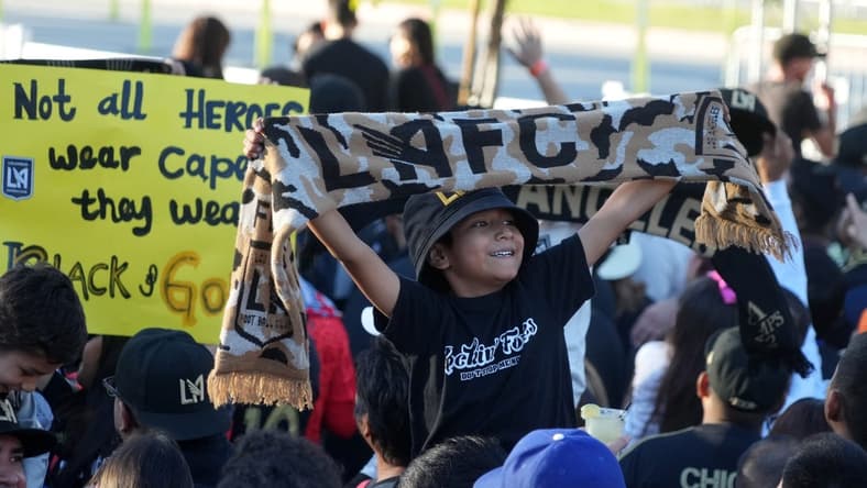 Nov 6, 2022; Los Angeles, California, USA; LAFC fans react during the MLS Cup championship celebration at Exposition Park. Mandatory Credit: Kirby Lee-USA TODAY Sports