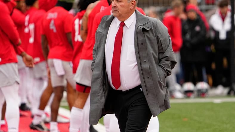 Nov 12, 2022; Columbus, Ohio, USA; Ohio State Buckeyes offensive coordinator Kevin Wilson walks across the field prior to the NCAA football game against the Indiana Hoosiers at Ohio Stadium. Mandatory Credit: Adam Cairns-The Columbus Dispatch
Ncaa Football Indiana Hoosiers At Ohio State Buckeyes