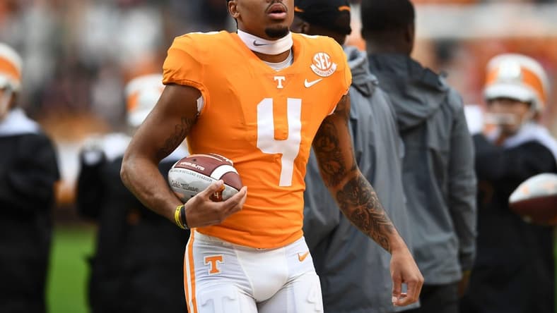 Tennessee wide receiver Cedric Tillman (4) carries the ball he was presented during a pregame ceremony recognizing the team seniors before the start of the NCAA college football game against Missouri on Saturday, November 12, 2022 in Knoxville, Tenn.

Ut Vs Missouri