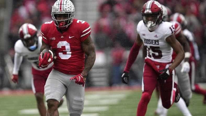 Nov 12, 2022; Columbus, Ohio, USA; Ohio State Buckeyes running back Miyan Williams (3) runs in a touchdown in the first quarter of their NCAA Division I football game between the Ohio State Buckeyes and the Indiana Hoosiers at Ohio Stadium. Mandatory Credit: Brooke LaValley/The Columbus Dispatch-USA TODAY NETWORK
