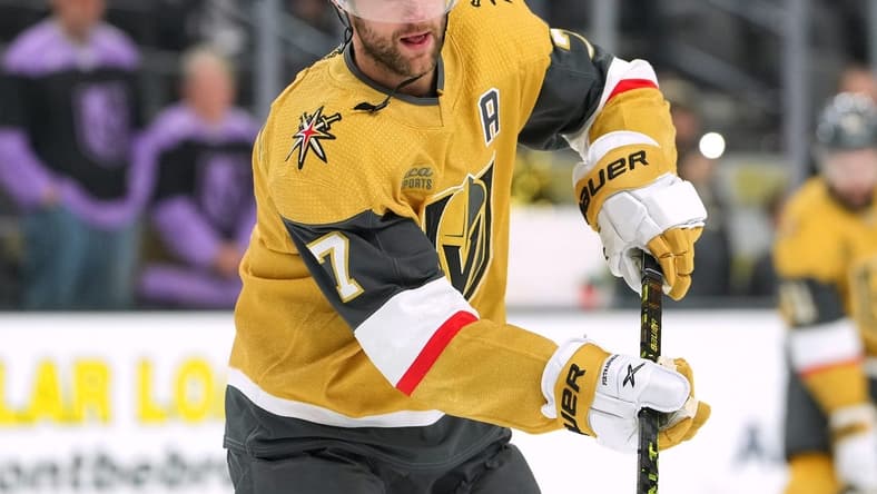 Nov 15, 2022; Las Vegas, Nevada, USA; Vegas Golden Knights defenseman Alex Pietrangelo (7) warms up before a game against the San Jose Sharks at T-Mobile Arena. Mandatory Credit: Stephen R. Sylvanie-USA TODAY Sports