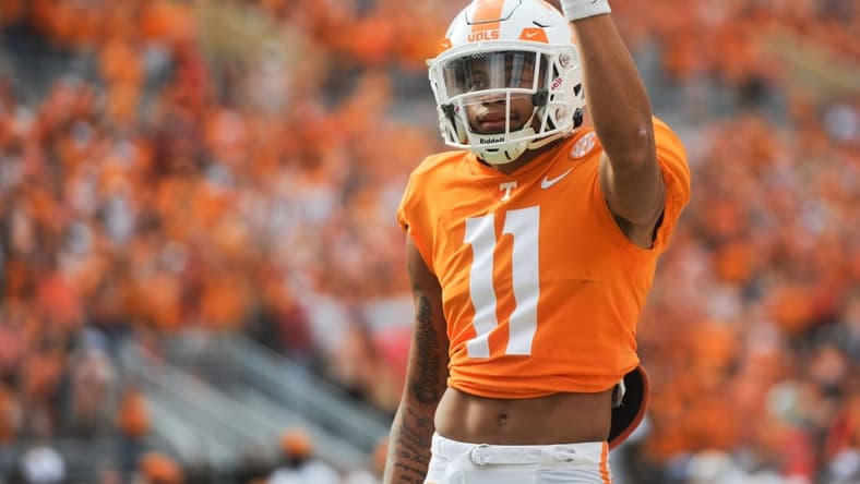 Tennessee wide receiver Jalin Hyatt (11) celebrates during a game between Tennessee and Alabama in Neyland Stadium, on Saturday, Oct. 15, 2022.
RANK 1 Tennesseevsalabama1015 3369
