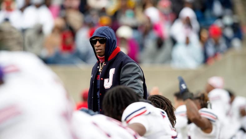 Jackson State coach Deion Sanders watches the Tigers warm up before the game with Alcorn State at the Jack Spinks Football Stadium in Lorman, Miss., Saturday, Nov. 19, 2022.
Tcl Jsu Alcorn
