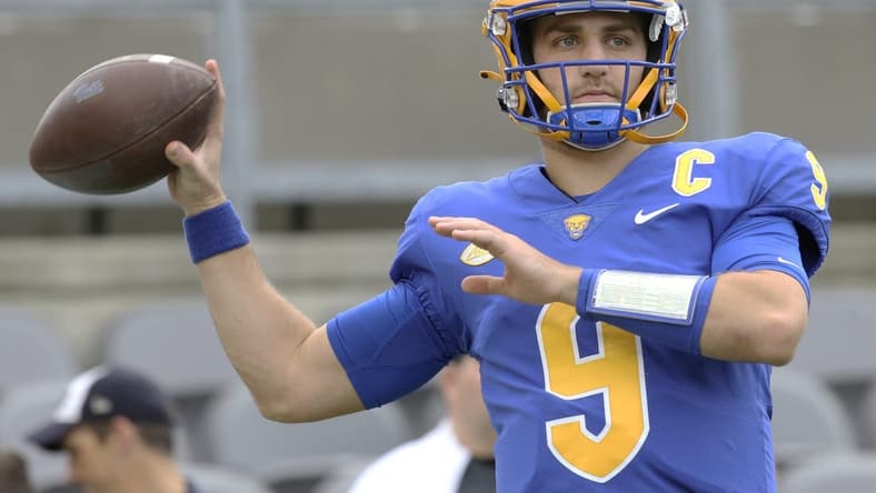 /Nov 5, 2022; Pittsburgh, Pennsylvania, USA; Pittsburgh Panthers quarterback Kedon Slovis (9) warms up before the game against the Syracuse Orange at Acrisure Stadium. Mandatory Credit: Charles LeClaire-USA TODAY Sports