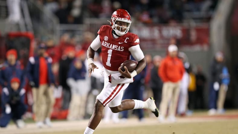 Nov 19, 2022; Fayetteville, Arkansas, USA; Arkansas Razorbacks quarterback KJ Jefferson (1) rushes in the second quarter against the Ole Miss Rebels at Donald W. Reynolds Razorback Stadium. Mandatory Credit: Nelson Chenault-USA TODAY Sports
