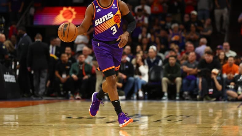Oct 25, 2022; Phoenix, Arizona, USA; Phoenix Suns guard Chris Paul (3) against the Golden State Warriors at Footprint Center. Mandatory Credit: Mark J. Rebilas-USA TODAY Sports