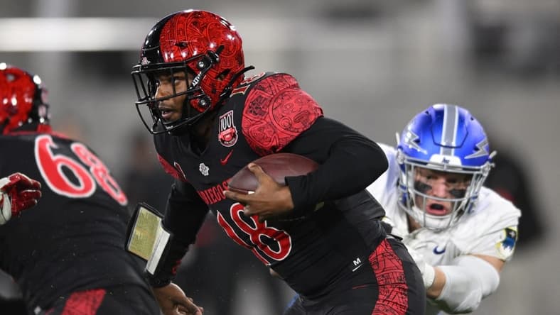 Nov 26, 2022; San Diego, California, USA; Air Force Falcons linebacker Bo Richter (8) sacks San Diego State Aztecs quarterback Jalen Mayden (18) during the second half at Snapdragon Stadium. Mandatory Credit: Orlando Ramirez-USA TODAY Sports