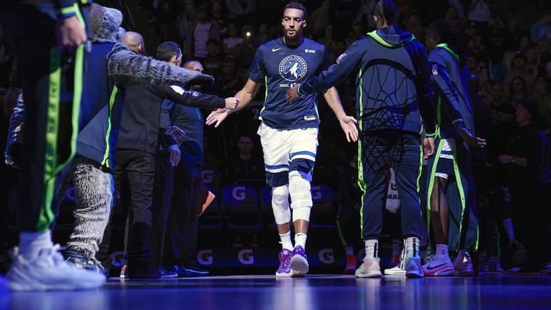 Nov 27, 2022; Minneapolis, Minnesota, USA; Minnesota Timberwolves center Rudy Gobert (27) is introduced before a game against the Golden State Warriors at Target Center. Mandatory Credit: Nick Wosika-USA TODAY Sports