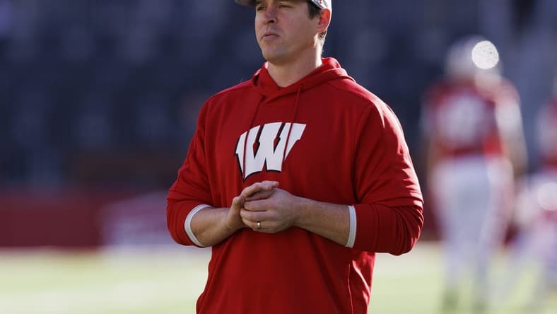 Nov 26, 2022; Madison, Wisconsin, USA;  Wisconsin Badgers head coach Jim Leonhard prior to the game against the Minnesota Golden Gophers at Camp Randall Stadium. Mandatory Credit: Jeff Hanisch-USA TODAY Sports