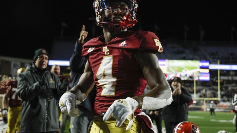 Nov 26, 2022; Chestnut Hill, Massachusetts, USA; Boston College Eagles wide receiver Zay Flowers (4) against the Syracuse Orange during the second quarter at Alumni Stadium. Mandatory Credit: Winslow Townson-USA TODAY Sports