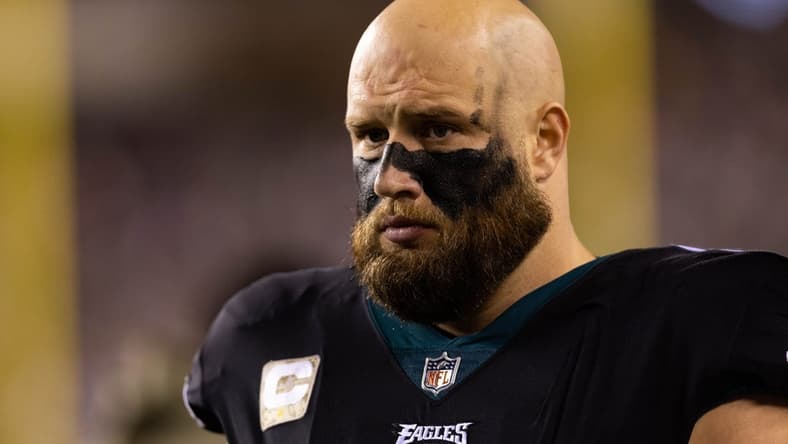 Nov 27, 2022; Philadelphia, Pennsylvania, USA; Philadelphia Eagles offensive tackle Lane Johnson (65) on the sideline against the Green Bay Packers at Lincoln Financial Field. Mandatory Credit: Bill Streicher-USA TODAY Sports