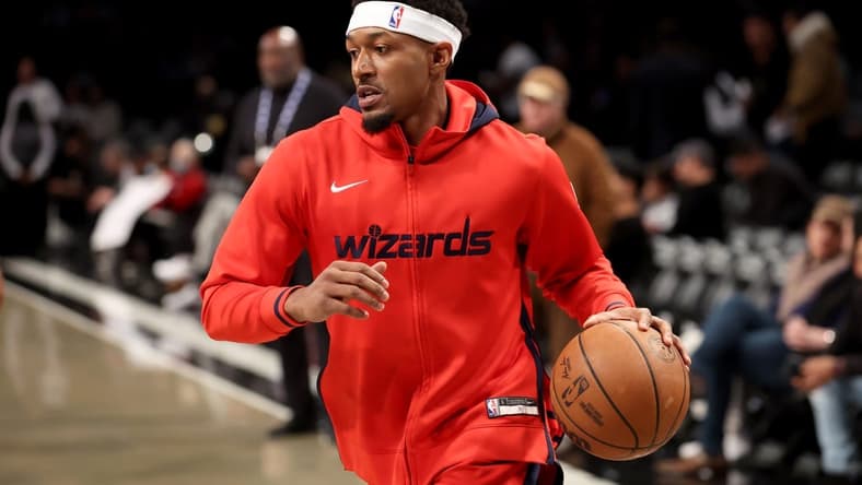 Nov 30, 2022; Brooklyn, New York, USA; Washington Wizards guard Bradley Beal (3) warms up before a game against the Brooklyn Nets at Barclays Center. Mandatory Credit: Brad Penner-USA TODAY Sports